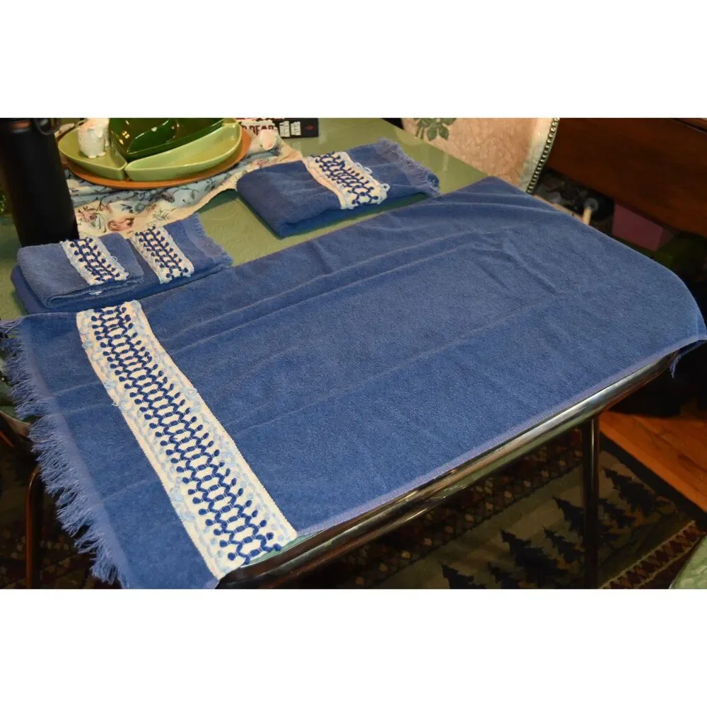 Vintage Cannon Blue Bath Towel Set Cotton Terry Fringe Geometric Trim 60s 70s